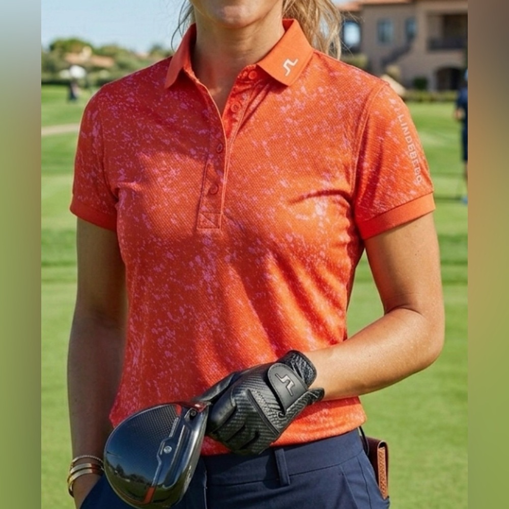 J.Lindeberg Womens Tour Tech Print Golf Polo Shirt Orange Pink GWJT03150 Size M